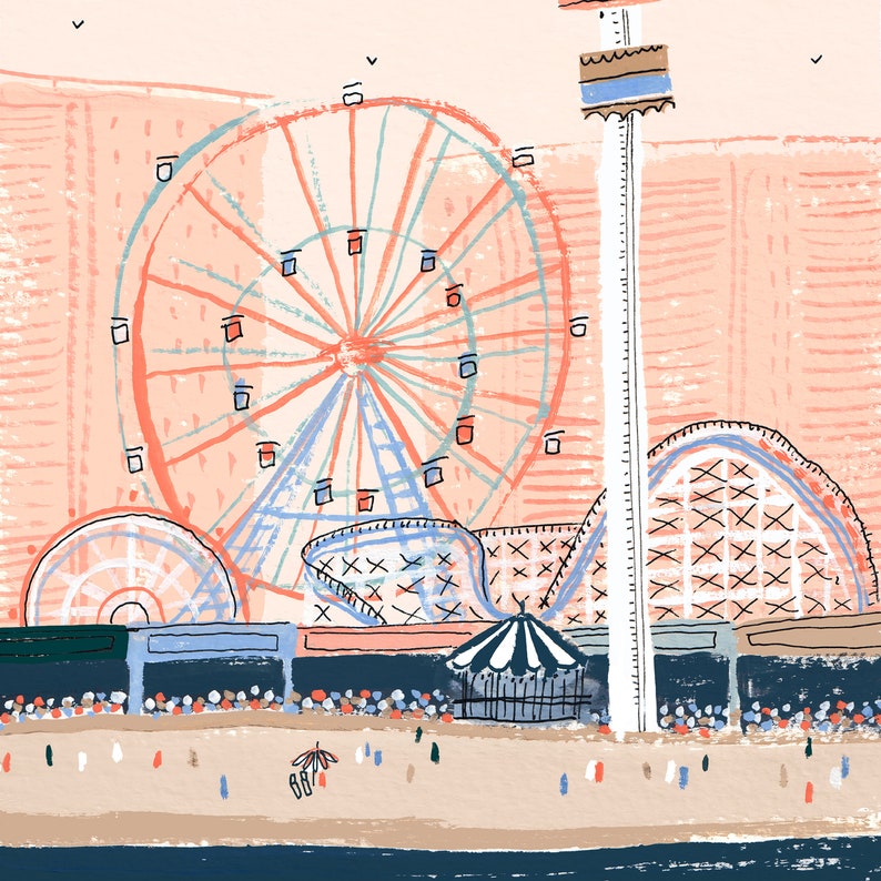 以下が含まれることがあります： 海辺の遊園地をカラフルに描いたイラスト。観覧車、ジェットコースター、メリーゴーラウンドがあります。遊園地は青い海を背景にした砂浜にあります。