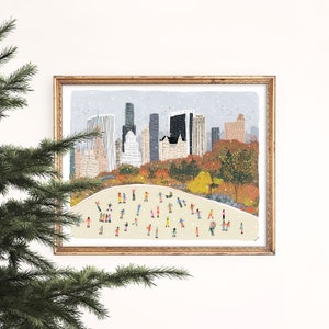 Impresión artística Primera nevada en Central Park / Patinadores sobre hielo de la ciudad de Nueva York / Horizonte otoñal / Invierno en Nueva York / Acuarela / Galería de pared / Obra de arte en gouache