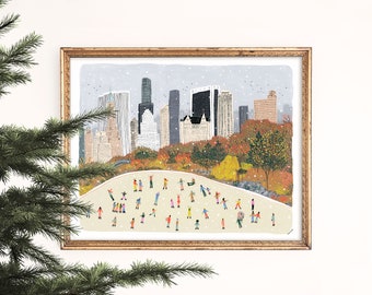 First Snow in Central Park Art Print | New York City Ice Skaters | Autumn Skyline | NYC Winter | Watercolor | Gallery Wall | Gouache Artwork