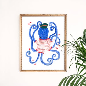 Mr. Octopus Art Print | Oceanic Giclee Wall | Nautical Home Decor | Children's Nursery Wall Hanging | Gallery Wall Set | Gouache Painting