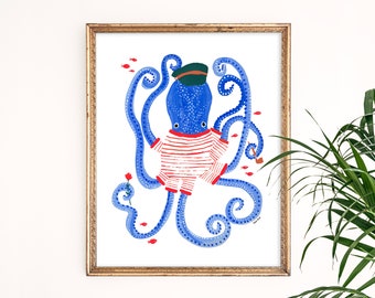 Mr. Octopus Art Print | Oceanic Giclee Wall | Nautical Home Decor | Children's Nursery Wall Hanging | Gallery Wall Set | Gouache Painting