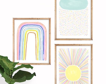Set of 3 Joyful Sky Art Prints | Rainbow, Raincloud & Sunshine | Colorful Home Decor | Gender Neutral Nursery | Gallery Wall Set | Gouache