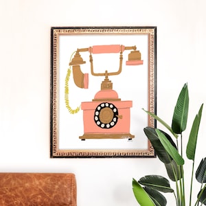 Telephone Art Print | Vintage Painting | Unique Wall Art | Coral Home Decor | Giclee Poster | Gift | Gallery Wall Set | Gouache Illustration