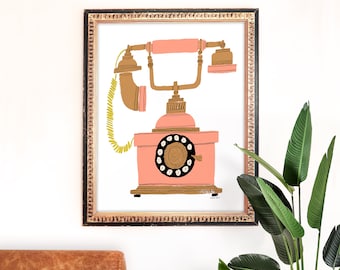 Telephone Art Print | Vintage Painting | Unique Wall Art | Coral Home Decor | Giclee Poster | Gift | Gallery Wall Set | Gouache Illustration