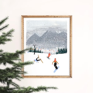 Three Skiers Art Print | Downhill Skiing Painting | Mountain Home Decor | Winter Wall Art | Snow Watercolor | Gallery Wall Set | Giclee