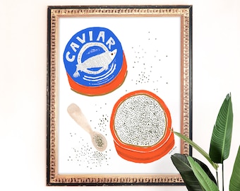 Caviar Art Print | Seafood Wall Art | Giclee Poster | Fish Wall Hanging | Kitchen Home Decor | Foodie Painting | Gouache Illustration