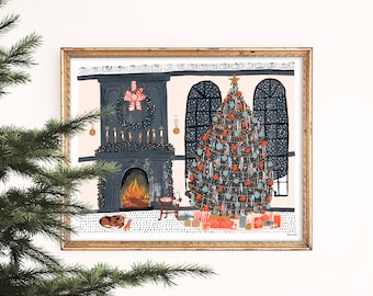 Waiting for Santa Art Print | Christmas Poster | Holiday Wall Art | Home Decor | Giclee | Gift | Gallery Wall Set | Gouache Illustration