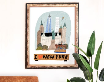 New York Snow Globe Art Print | Manhattan Painting | NYC Wall Art | City Home Decor | Giclee Poster | Gallery Wall | Gouache Illustration