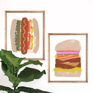 Set of 2 Fast Food Art Prints | Foodie Home Decor | Hot Dog | Cheeseburger | Comfort Food Poster | Gallery Wall Set | Illustration | Giclee