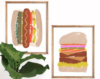 Set of 2 Fast Food Art Prints | Foodie Home Decor | Hot Dog | Cheeseburger | Comfort Food Poster | Gallery Wall Set | Illustration | Giclee