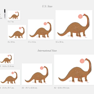 May include: A brown dinosaur on roller skates blowing a pink bubble. The dinosaur is illustrated in a cartoon style. The image shows different sizes of prints available, ranging from 5x7 inches to 16x20 inches.