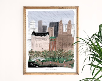 Spring in New York City Art Print | Central Park Art | New York Skyline | NYC Wall Art | NYC Watercolor | Gallery Wall Set | Gouache Giclee