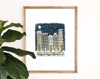 Snowy Snowy Night Art Print | Winter Giclee Poster | Holiday Skyline | Snow Globe | Illustration | Gallery Wall | Colored Pencil | Pen