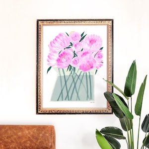 Impresión artística de peonías / Pintura vegetal / Arte mural floral rosa / Decoración botánica para el hogar / Póster giclée / Ilustración de gouache