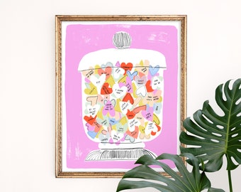 Candy Hearts Art Print | Sweet Tooth Wall Hanging | Valentines Home Decor | Colorful Children's Nursery Wall Art | Gouache Painting | Giclee