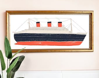 RMS Queen Mary Ocean Liner Art Print | Sea Giclee | Nautical Home Decor | Children's Nursery Wall Hanging | Gallery Wall | Gouache Painting