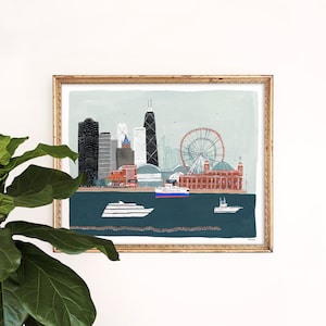 Navy Pier Art Print | Chicago Skyline Wall Art | Ferris Wheel Painting | Architecture Giclee | Children&#39;s Nursery Art | Gouache Art Print