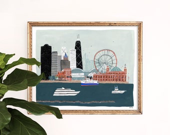 May include: A framed illustration of the Chicago skyline with a Ferris wheel, boats, and a blue sky. The buildings are in shades of red, brown, and black.