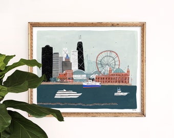 Navy Pier Art Print | Chicago Skyline Wall Art | Ferris Wheel Painting | Architecture Giclee | Children's Nursery Art | Gouache Art Print