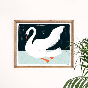 Swan in Flight Art Print | Swan Lake Wall Art | Nautical Home Decor | Bird Giclee | Gallery Wall Set | Gouache Illustration