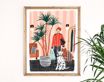 Bellhop & Dalmatian Print | Historic Hotel | Vintage Travel Giclee Poster | NYC Wall Art | NYC Watercolor | Gallery Wall Set | Gouache Art