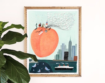 James and the Giant Peach Art Print | Central Park Art | New York Skyline | NYC Wall Art | NYC Watercolor | Gallery Wall Set | Gouache Art