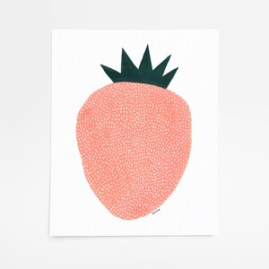 May include: A pink strawberry with white dots and a dark green leafy crown. The strawberry is painted in a stylized, abstract style.