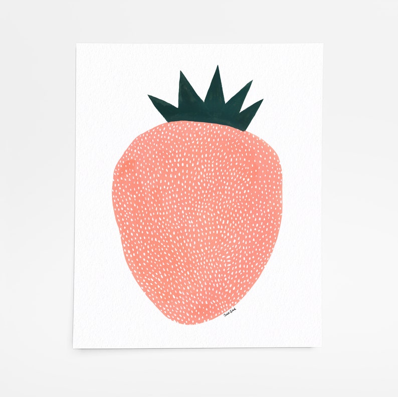 May include: A pink strawberry with white dots and a dark green leafy crown. The strawberry is painted in a stylized, abstract style.