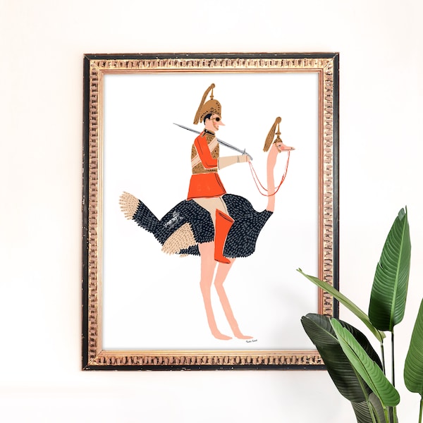 Ostrich & Soldier Art Print | British Wall Decor | Giclee | Quirky Poster | Gallery Wall Set | Gouache Painting | Children's Nursery Art