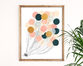 Vintage Balloons Art Print | Bunch of Balloons Bow | Whimsical Home Decor | Giclee Poster | Gallery Wall Set | Children&#39;s Nursery Wall Art