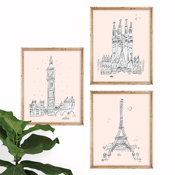 Set of 3 Blush Travel Art Prints | Big Ben | La Sagrada Familia | Eiffel Tower | Blush Paintings | Gallery Wall Set | Gouache Illustrations