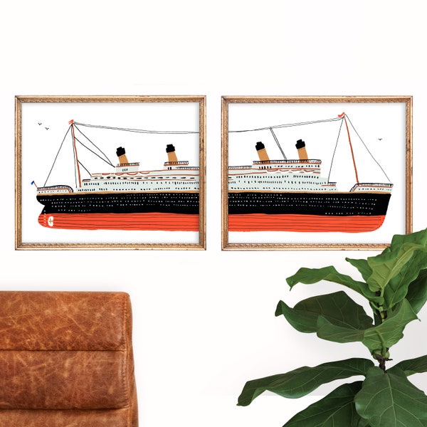 Set of 2 Titanic Prints | Nursery Wall Art Nautical | Boat Poster | Oceanic Wall Hanging | Gallery Wall Set | Sea Gouache Illustration