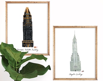 Set of 2 New York Buildings | American Radiator | Chrysler | Architecture | Art Deco Giclee Decor | Gouache Illustration | Gallery Wall Set