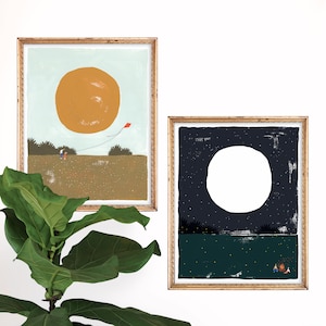 Day and Night Art Prints | Sun and Moon Wall Art | You Are My Sunshine | Landscape Painting | Watercolor | Gallery Wall Set | Gouache Art