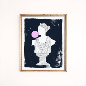 Lady Bubblegum Art Print | Funny Wall Hanging | Antique Bust Home Decor |  Children's Nursery Wall Art | Gouache Painting | Giclee Poster