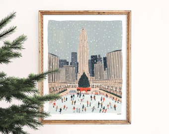 Christmas at Rockefeller Center Art Print | Ice Skating Art | New York Skyline | NYC Wall Art | NYC Watercolor | Gallery Wall Set | Giclee