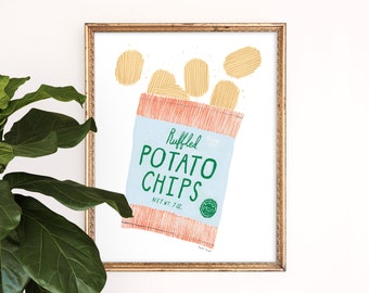Potato Chips Art Print | Foodie Wall Hanging Kitchen | Vintage Packaging Home Decor | Children's Nursery Art | Gouache Illustration | Giclee