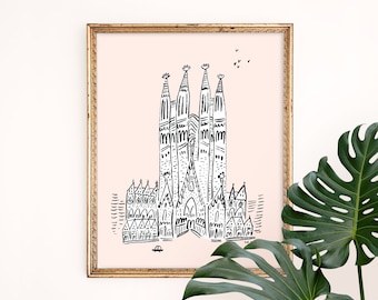 La Sagrada Familia Basilica Art Print | Spain Wall Art | Architecture Giclee | Barcelona Wall Art | Gallery Wall Set | Gouache Illustration