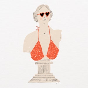 May include: A white bust sculpture of a woman wearing heart-shaped sunglasses and a red and white polka dot bikini top. The bust is on a pedestal.