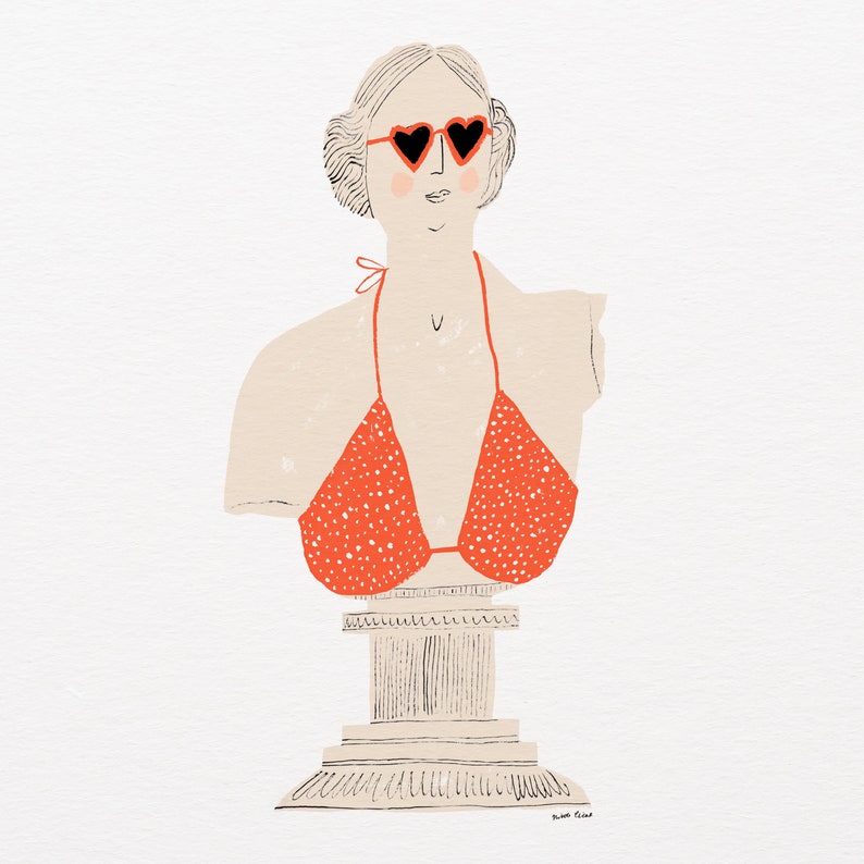 May include: A white bust sculpture of a woman wearing heart-shaped sunglasses and a red and white polka dot bikini top. The bust is on a pedestal.