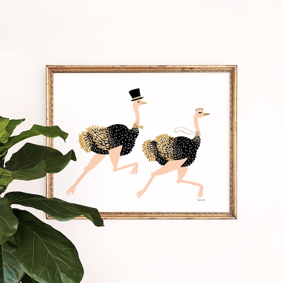 Ostrich Love Art Print | Birds | Giclee Wall Art | Minimalist Home Decor | Childrens Nursery Poster | Gallery Wall Set | Whimsy Illustration