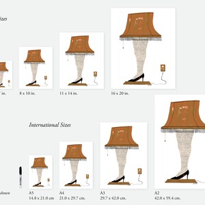 May include: A set of 10 different sizes of a print featuring a lampshade with a woman's legs and a high heel shoe. The print is available in US and international sizes. A Sharpie marker is shown for scale.