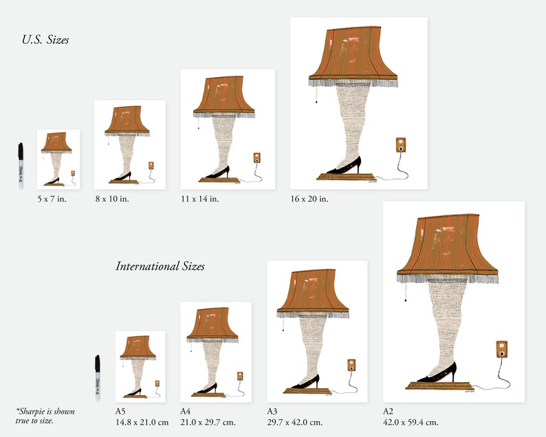 May include: A set of 10 different sizes of a print featuring a lampshade with a woman's legs and a high heel shoe. The print is available in US and international sizes. A Sharpie marker is shown for scale.