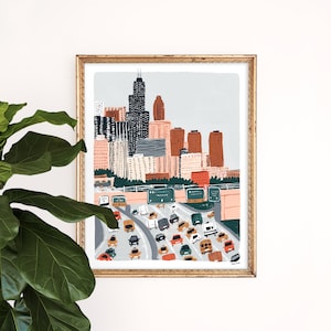 Chicago Traffic Print | Windy City Skyline Wall Art | Skyline Painting | Architecture Giclee | Children&#39;s Nursery Art | Gouache Art Print