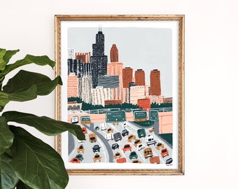 Chicago Traffic Print | Windy City Skyline Wall Art | Skyline Painting | Architecture Giclee | Children's Nursery Art | Gouache Art Print