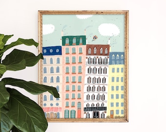 Paris Buildings Art Print | Colorful Architecture | France Home Decor | Parisian Poster | Nursery Wall Art | Children's Bedroom | Giclee