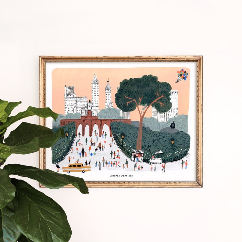 May include: A colorful illustration of Central Park Zoo in New York City. The illustration features a red brick archway, a large green tree, and many people walking around. The text "Central Park Zoo" is at the bottom of the illustration.