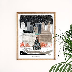 Lámina artística de invierno en Nueva York / Arte de Central Park / Horizonte de Nueva York / Arte mural de Nueva York / Acuarela de Nueva York / Conjunto para pared de galería / Impresión giclée en gouache