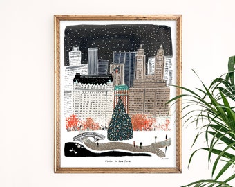 May include: A hand-drawn illustration of a snowy New York City skyline at night with a large Christmas tree in the foreground. The illustration is framed in a gold frame and the text "Winter in New York" is at the bottom.