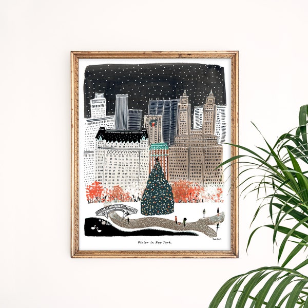 Winter in New York City Art Print | Central Park Art | New York Skyline | NYC Wall Art | NYC Watercolor | Gallery Wall Set | Gouache Giclee